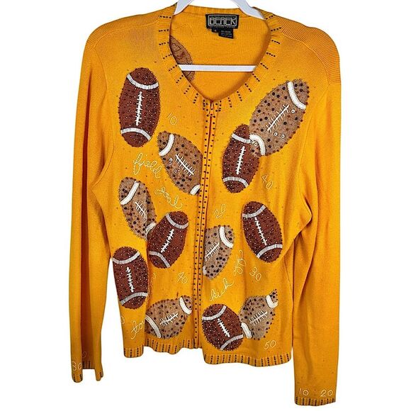 Berek Vintage Bedazzled Embroidered Yellow Football Cardigan Zip Sweater Large - Picture 1 of 7